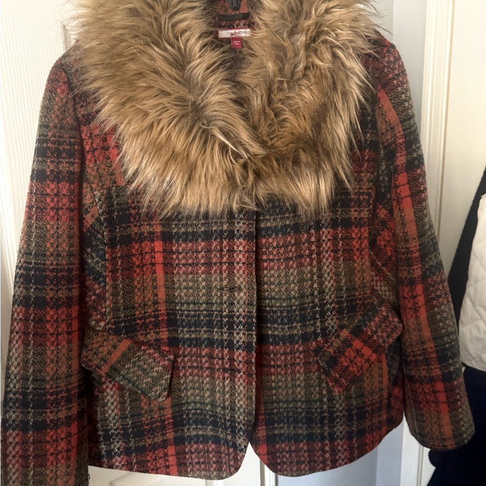 Plaid Wool Blend Jacket with Faux Fur Collar - Women